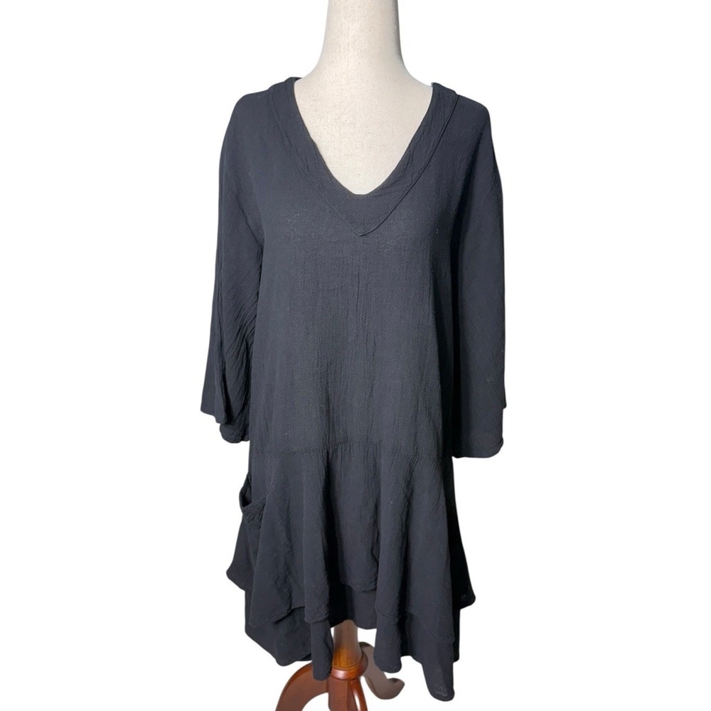 Cottonways Black 3/4 Sleeve Cotton Gauze Tunic Top Dress S/M Sz 1 Lagenlook Boho